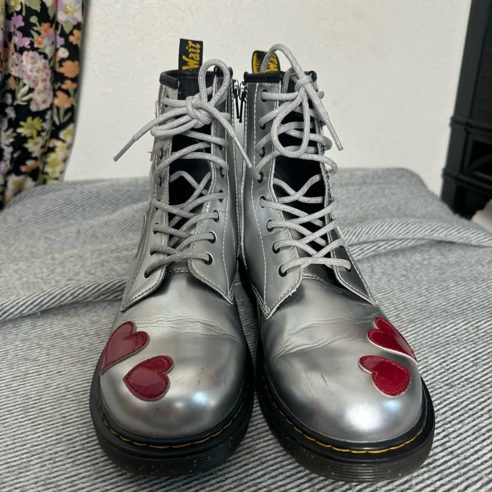 Dr. Martens Silver Combat Boots with Red Heart Accents - Picture 3 of 6